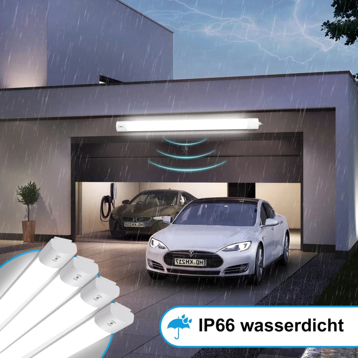 Moisture-Proof Light with Motion Detector, LED Tube Light, 4000K Neutral White Light, IP66 Waterproof LED Ceiling Light