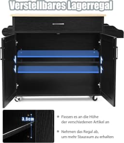 Kitchen trolley with towel holder and spice board, kitchen island with drawer and height-adjustable shelf,(black)