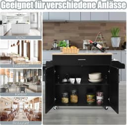 Kitchen trolley with towel holder and spice board, kitchen island with drawer and height-adjustable shelf,(black)