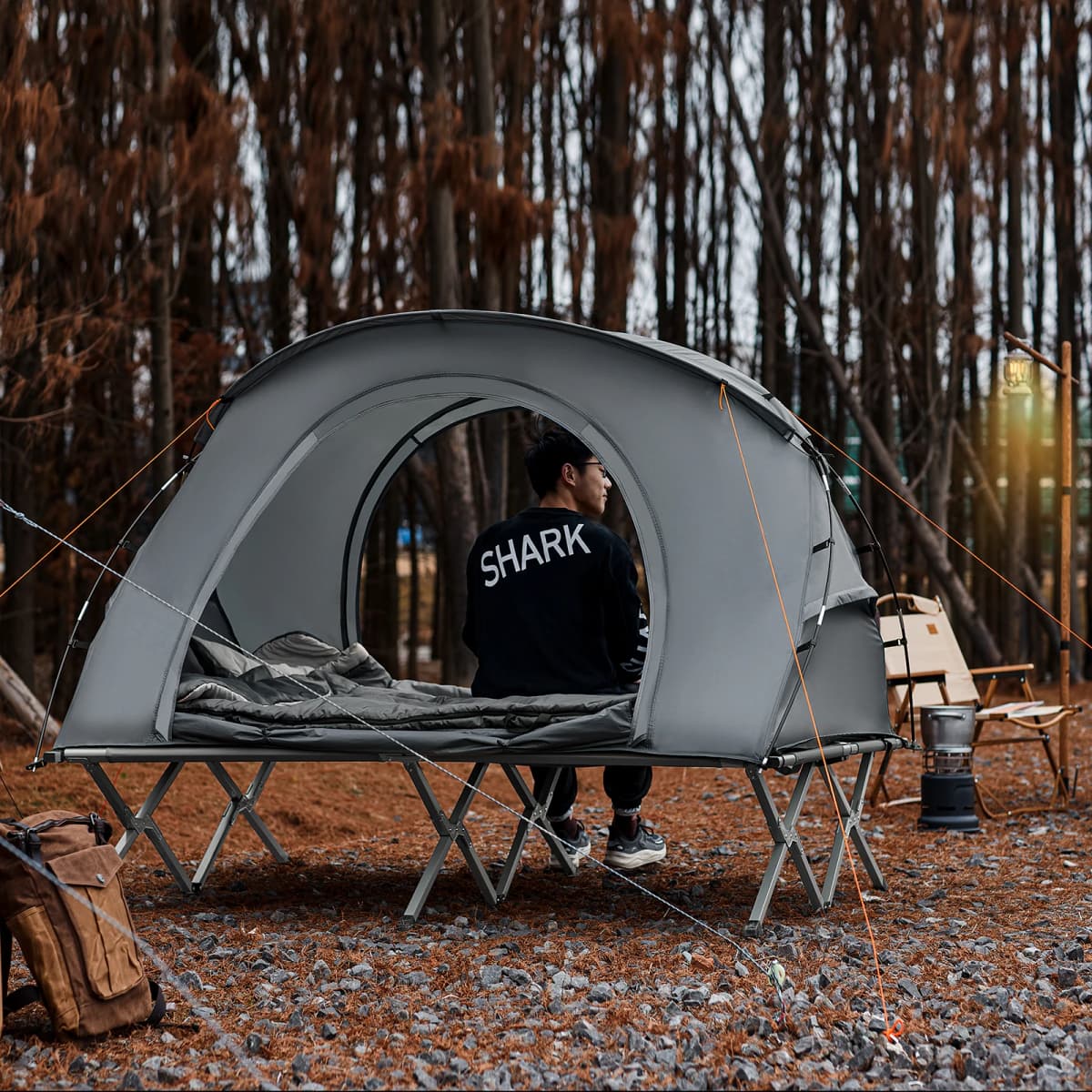 SoBuy OGS60-L-HG Survival-tent camp bed with tent camp bed 4in1 camping set with sleeping bag and accessories tent 2 person