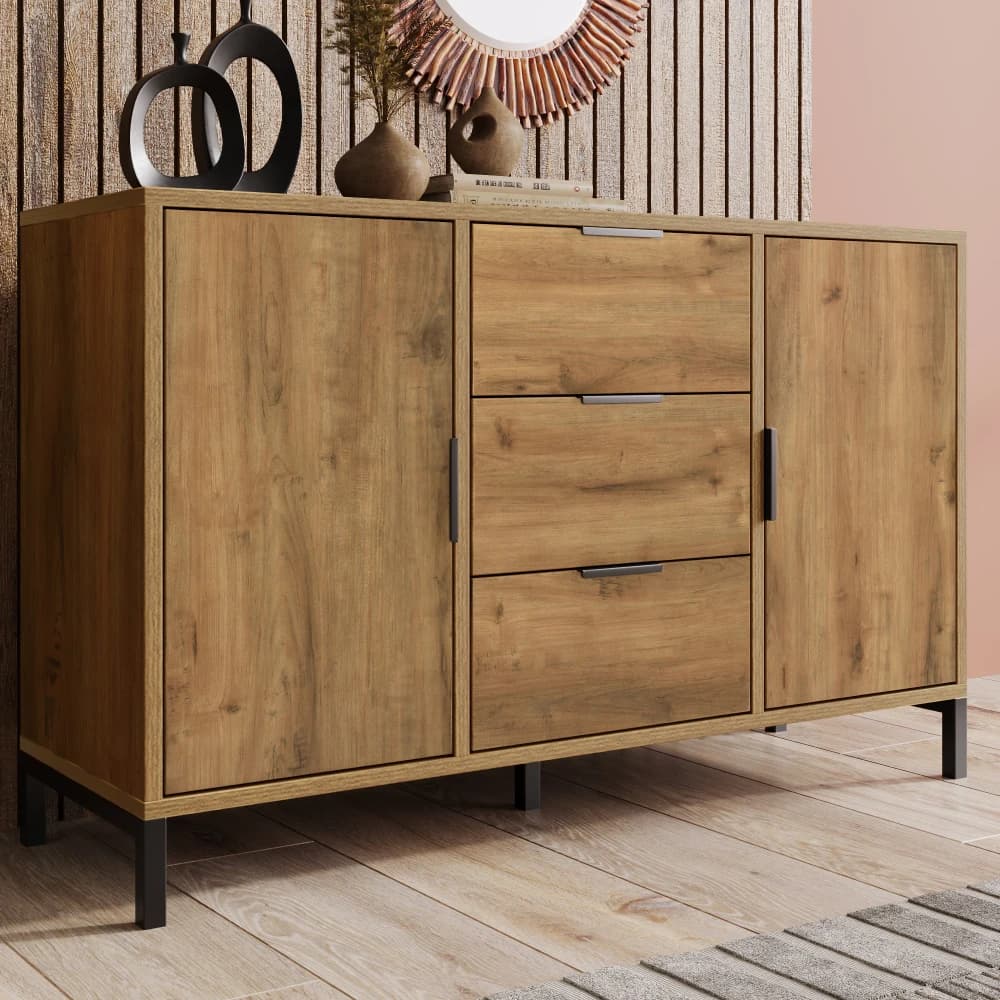 Kommode mit 2 Türen und 3 Schubladen, 120 x 40 x 76 cm in Dunkle Eiche,Verstellbare Ablage,Sideboard Highboard für Schlafzimmer
