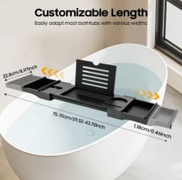 Black Bamboo Expandable Bathtub Tray Adjustable 29.52-43.7in with Wine Glass Slot Phone Tablet Holder 2 Towel Rack for Most Tubs
