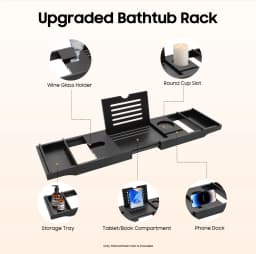 Black Bamboo Expandable Bathtub Tray Adjustable 29.52-43.7in with Wine Glass Slot Phone Tablet Holder 2 Towel Rack for Most Tubs