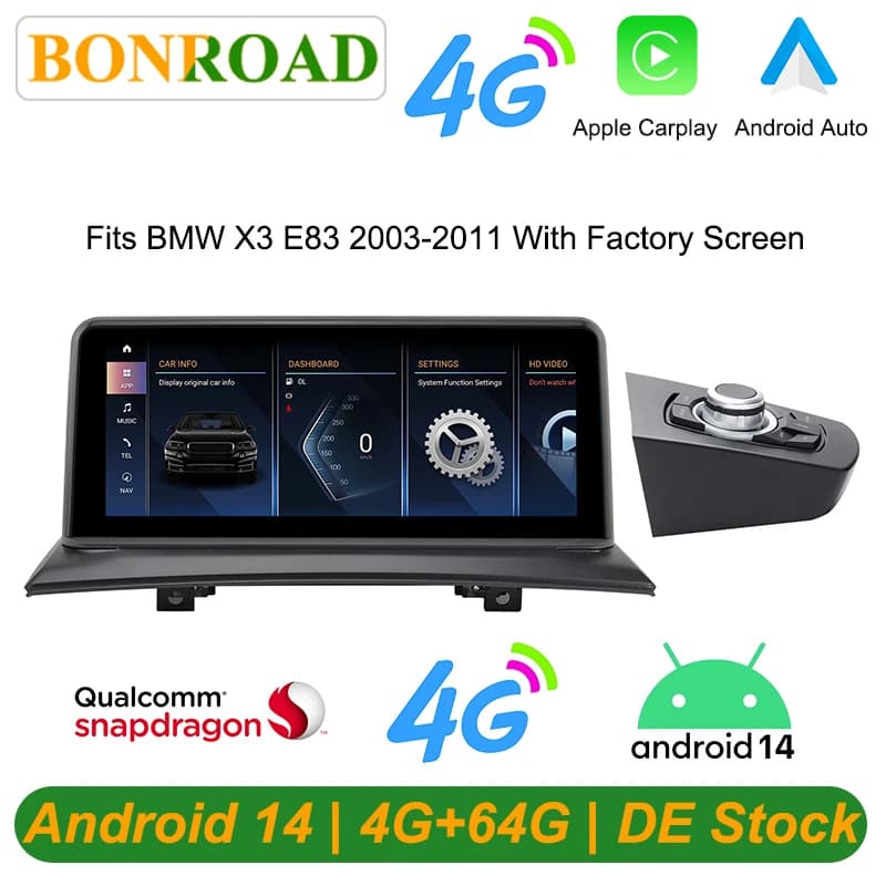 Bonroad Qualcomm 4+64GB/8+128GB Android 14 Car Video Players with GPS Navigation for BMW X3 E83 2003–2011, Featuring Factory‑Installed Screen and CarPlay