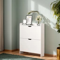 2-Tier Wooden Shoe Organizer Cabinet with Flip Drawers Narrow Shoe Storage Cabinet Space Saving Slimming Shoe Rack for Hallway