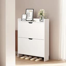 2-Tier Wooden Shoe Organizer Cabinet with Flip Drawers Narrow Shoe Storage Cabinet Space Saving Slimming Shoe Rack for Hallway
