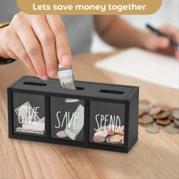 Wooden Give Save Spend Money Saving Box for Kids, Countertop Kid Piggy Bank for Daily Cash, Wall-Mount Kids Bank Black