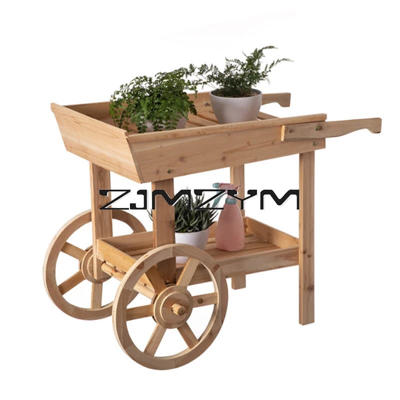 Solid Wood Flower Stand Storage Racks Float Flower Rack Flower Shop Decoration Display Rack Multi-Functional Retro Cart