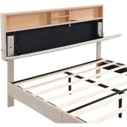 Bed frame bedroom furniture: headboard with storage and USB ports, full, grey modern upholstered platform bed