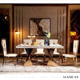 Linlimlam Luxury Dining Set: 6 Stainless Steel Genuine Leather Chair and Rectangle Marble Sea Shell Table Kitchen Room Furniture