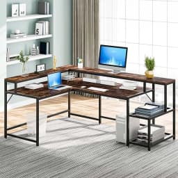-Large L Shape Modern Wood And Steel Frame Home Office Computer Desk Writing Study Desk With Storage Rack