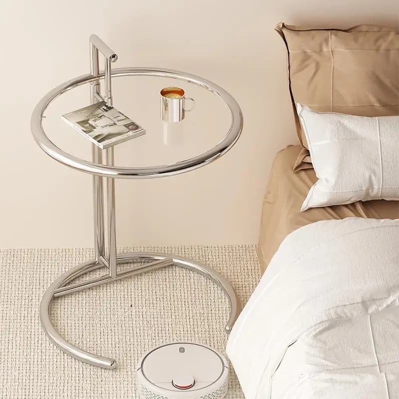 Retro Lift Transparent Tea Table Stainless Steel Internet Celebrity Photo Glass Round Ins Home Sofa Side Table Coffee Table