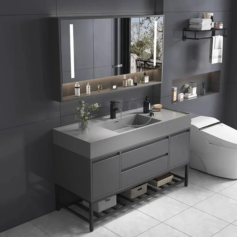 Light Luxury Solid Wood Bathroom Cabinet Rock Integrated Hands Face Washbasin Intelligent Mirror Cabinet Floor Standing