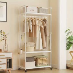 Clothing Storage Rack with Wheels, Hooks & Shelves - Space-Saving Organizer, Durable Freestanding Clothes Organizer for Bedroom