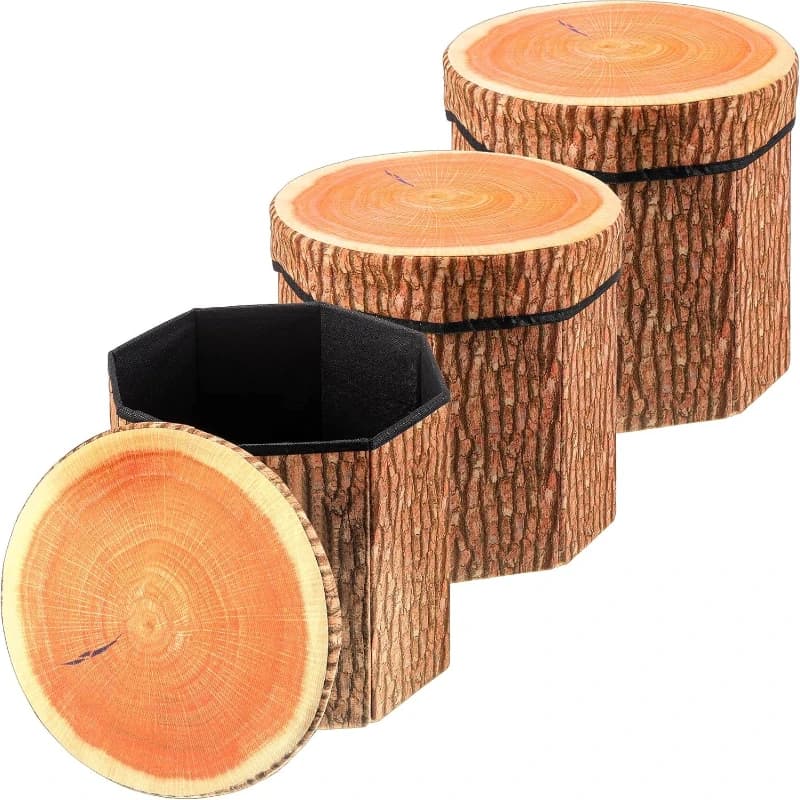 Tree Stump Storage Ottoman Folding Stool Collapsible Footrest Seat Lid Foldable Storage Box Living Room Bedroom Kids Decor