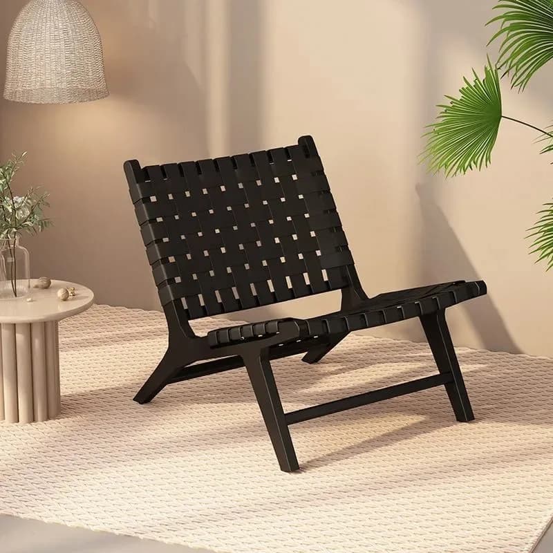 Rope Woven Solid Wood Lounge Chair, Nordic Balcony Leisure Chair, Wabi-Sabi Lazy Armchair for Small Spaces and Bedroom Decor