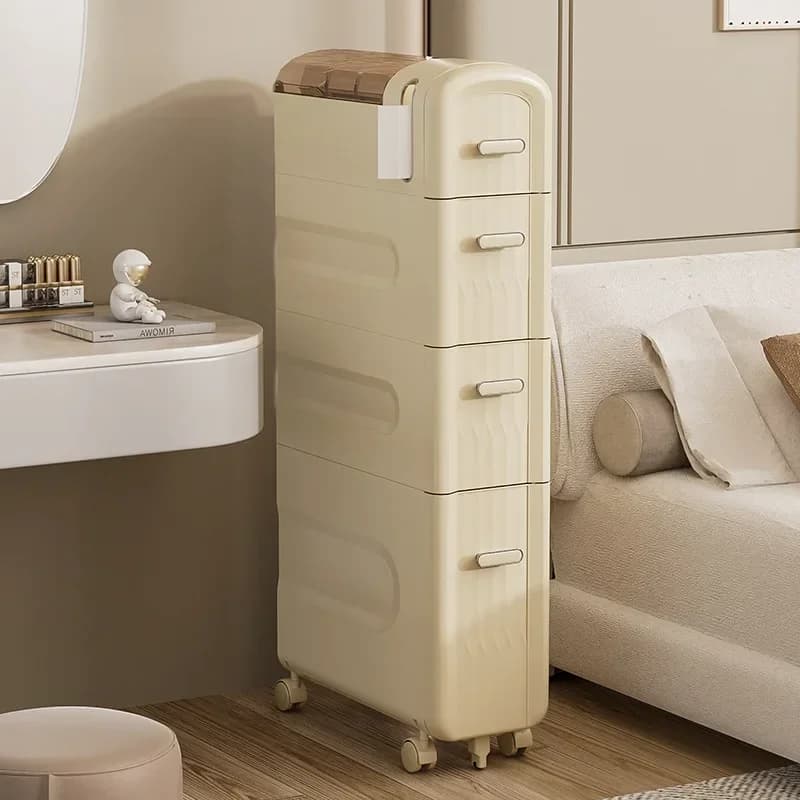 Cream Style Transparent Plastic Seam Storage Shelf Bathroom Floor Cart Storage Cabinets Toilet Side Narrow Gap Cabinet Storage