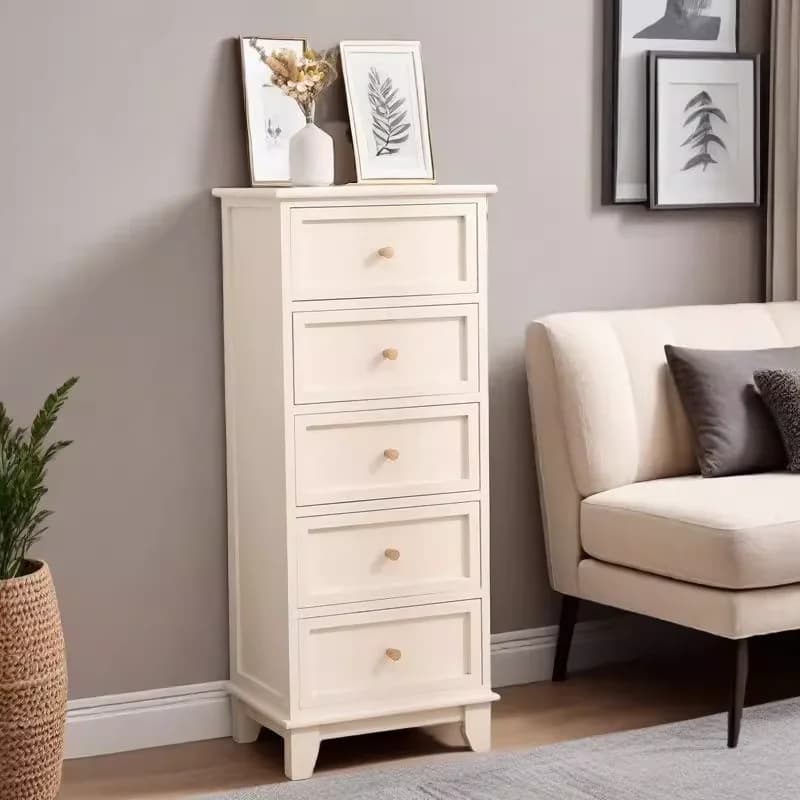 Wooden 5-Drawer Chest - Narrow Bedside Storage Cabinet Solid Wood, Space-Saving, Multi-Functional, Vintage Style