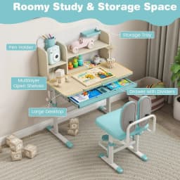 A Kids Desk and Chair Set,Height Adjustable Children School Study Table and Chair Set w/Tilt Desktop,Storage Drawer Hutch