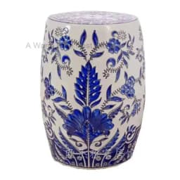 White Porcelain and Drawn Blue Shoe Hand Changing Stool Ceramic Drum Bathroom Neoclassical Imitation Sitting Stool Low Round