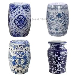 White Porcelain and Drawn Blue Shoe Hand Changing Stool Ceramic Drum Bathroom Neoclassical Imitation Sitting Stool Low Round