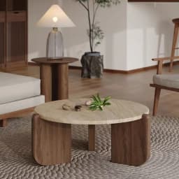 Wabisabi Wind Solid Wood Travertine Coffee Table Minimalist Small Apartment Living Room Household Round Balcony Marble Low Table