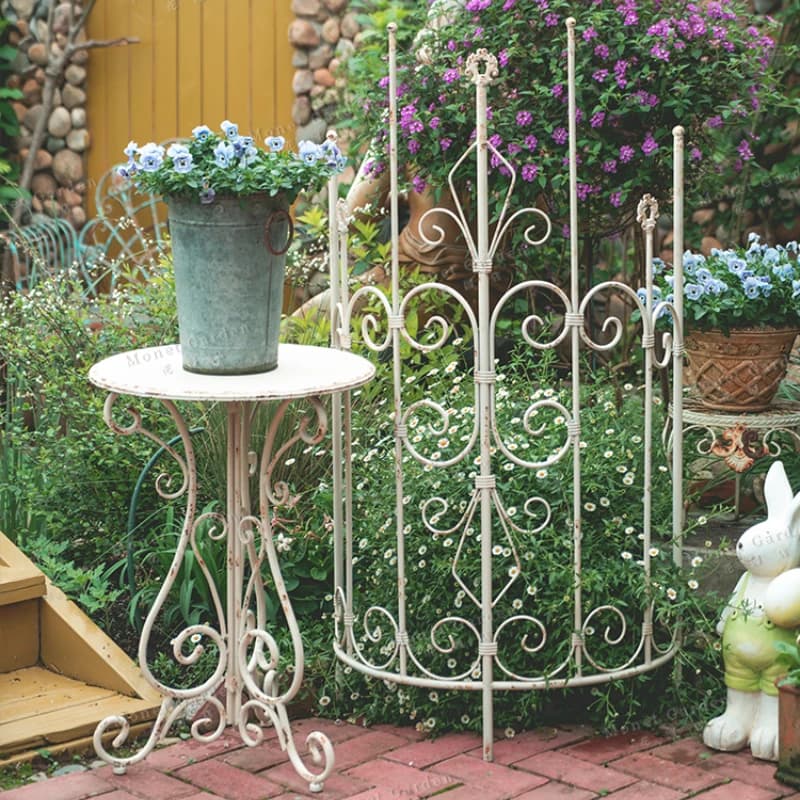 Outdoor Metal Iron Round Side Table Vintage White Finish Rustic Garden Table Decorative Balcony Accent Patio Flower Rack