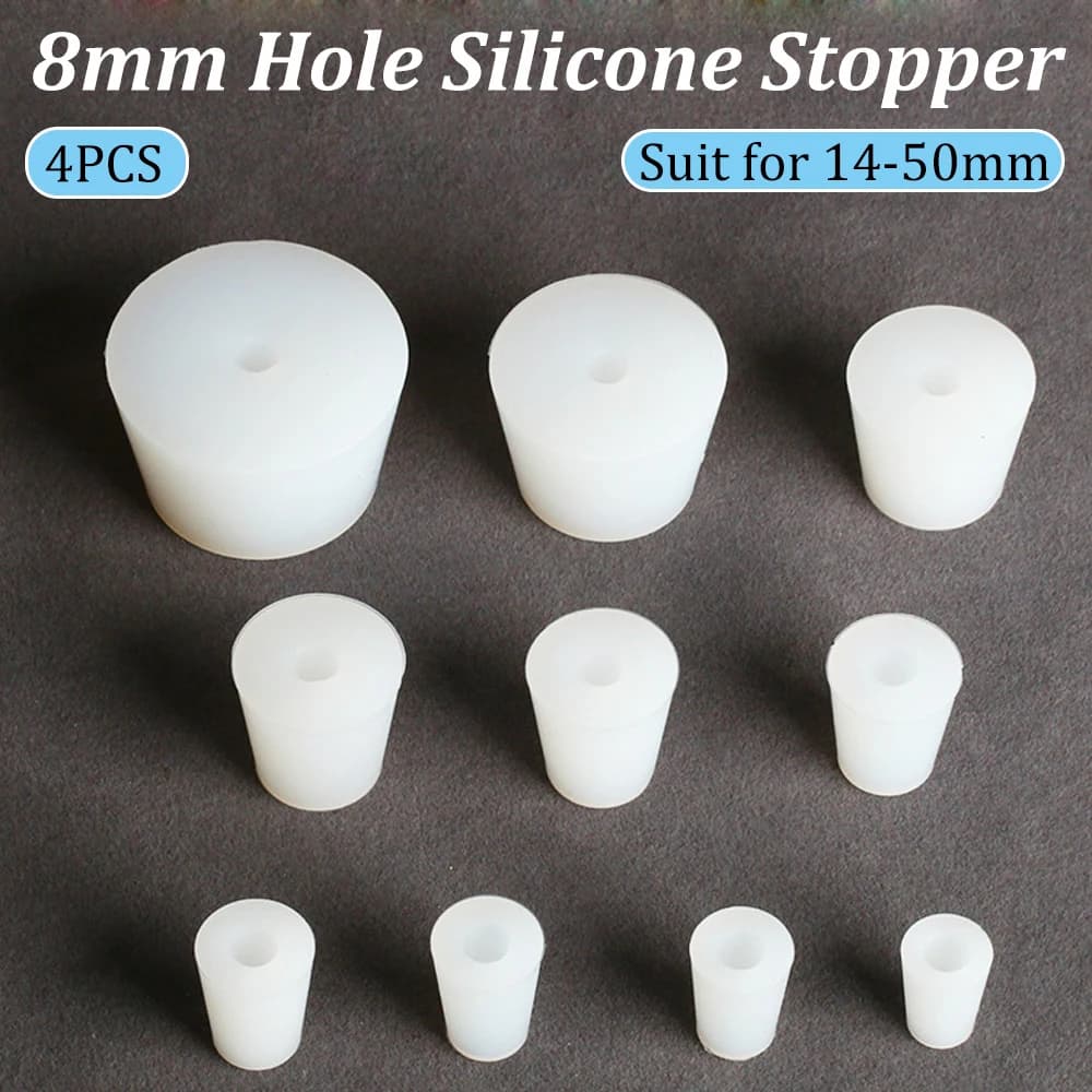 4PCS Silicone Stopper White Semi-transparent With 8mm Holes Tapered Reusable Lab Seal Stoppers Suitable for Test Tubes Flasks