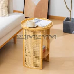 Rattan Side Table Sofa Storage Corner Desk Small Round Coffee Table Double-Layer Edge Bedside Table Balcony Sides Tables