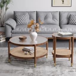 Solid Wood Rattan Woven Coffee Table Living Room Sofa Side Table Japanese Round Glass Table Mobile Storage Ddesk Home Furniture
