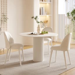 !@Cream Style Stainless Steel Round Dining Table Set 4 Seater Chair Combination Modern Roman Column Design Small-Sized Home Use