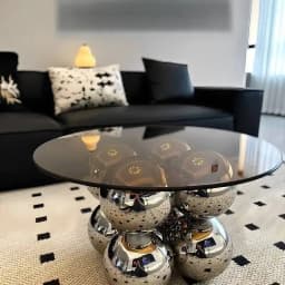 Modern Glass Top Coffee Table with Metal Spherical Base, Luxury Round Living Room Center Table, Stylish Home Decor Furniture