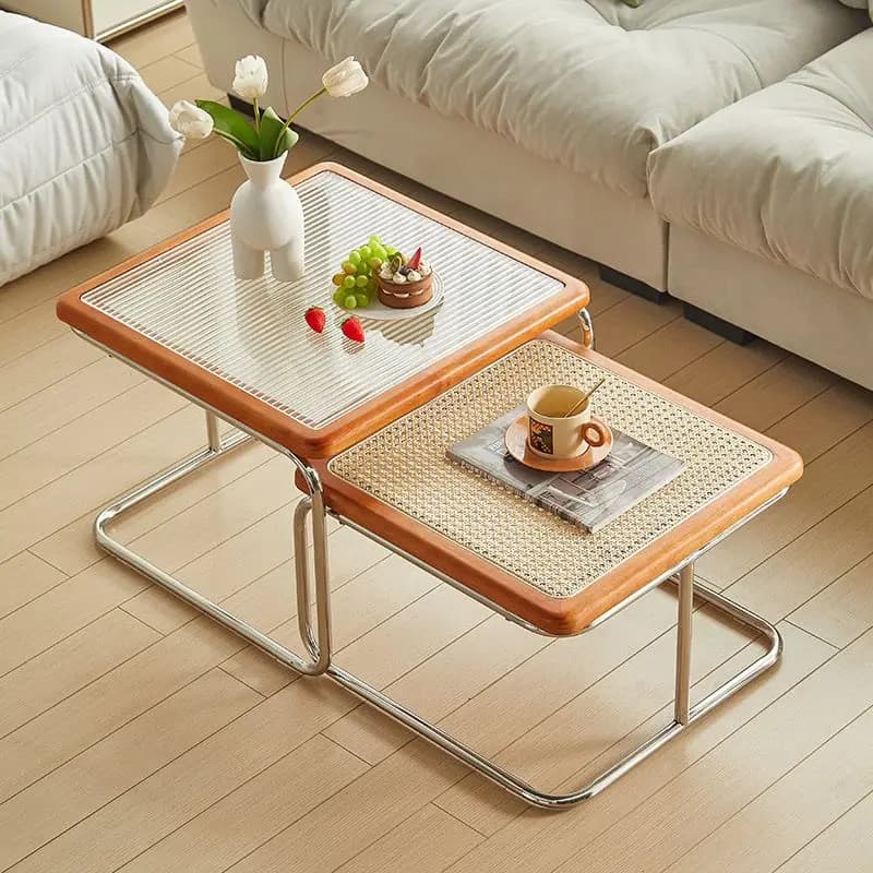 Elegant Vintage Rattan End Table Retro Medieval Style Sofa Side Table with Glass Top for Living Room Retro Medieval Style Rattan