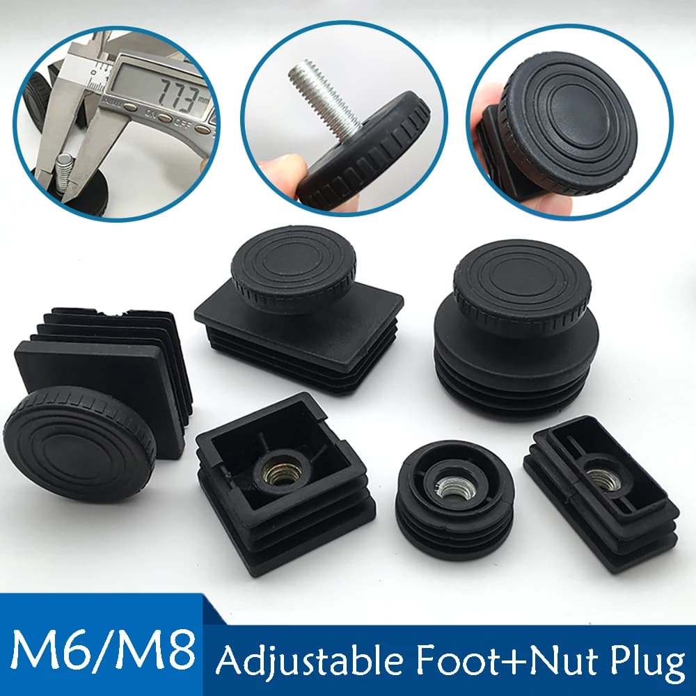Round/Square Adjustable Foot Mats With Nut Blanking End Cap Pipe Plug Adjustable Screw Foot Pad Furniture Leg Cover End Cap