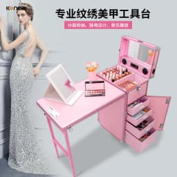 wr! Black Cosmetic Workstation Folding Rolling Portable Case Nail Tech Tables Manicure &