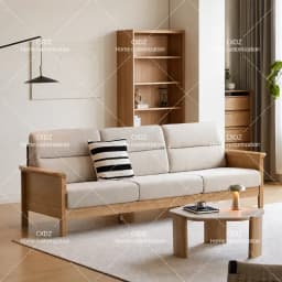 Japanese-style solid wood rattan sofa Home living room furniture Cherry wood color wabi-sabi retro wooden three-person sofa