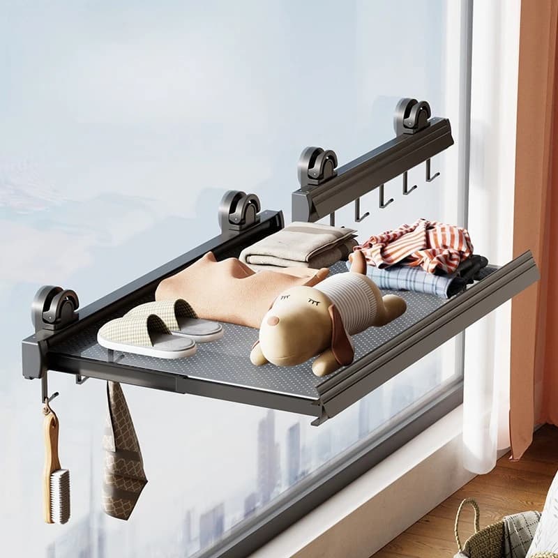 Non Perforated Wall Mounted Drainage Storage Rack Household Balcony Suction Cup Folding Drying Net Aluminum Alloy Clothes Hanger