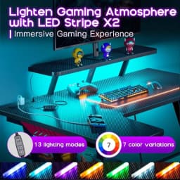 L Shaped Gaming Desk With LED Lights & Power Outlets Corner Desk With Carbon Fiber Texture Computer Games Table for Laptop Bed