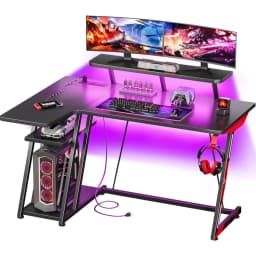 L Shaped Gaming Desk With LED Lights & Power Outlets Corner Desk With Carbon Fiber Texture Computer Games Table for Laptop Bed
