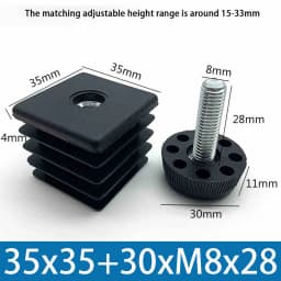 M8 Black Square / Round Plastic Pipe Plugs Adjustable Screw Foot Pad Furniture Leg Cover End Caps 20x20-50x50mm/20-50mm