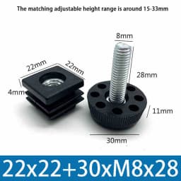 M8 Black Square / Round Plastic Pipe Plugs Adjustable Screw Foot Pad Furniture Leg Cover End Caps 20x20-50x50mm/20-50mm