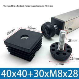 M8 Black Square / Round Plastic Pipe Plugs Adjustable Screw Foot Pad Furniture Leg Cover End Caps 20x20-50x50mm/20-50mm