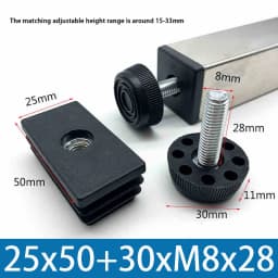 M8 Black Square / Round Plastic Pipe Plugs Adjustable Screw Foot Pad Furniture Leg Cover End Caps 20x20-50x50mm/20-50mm