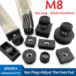 M8 Black Square / Round Plastic Pipe Plugs Adjustable Screw Foot Pad Furniture Leg Cover End Caps 20x20-50x50mm/20-50mm