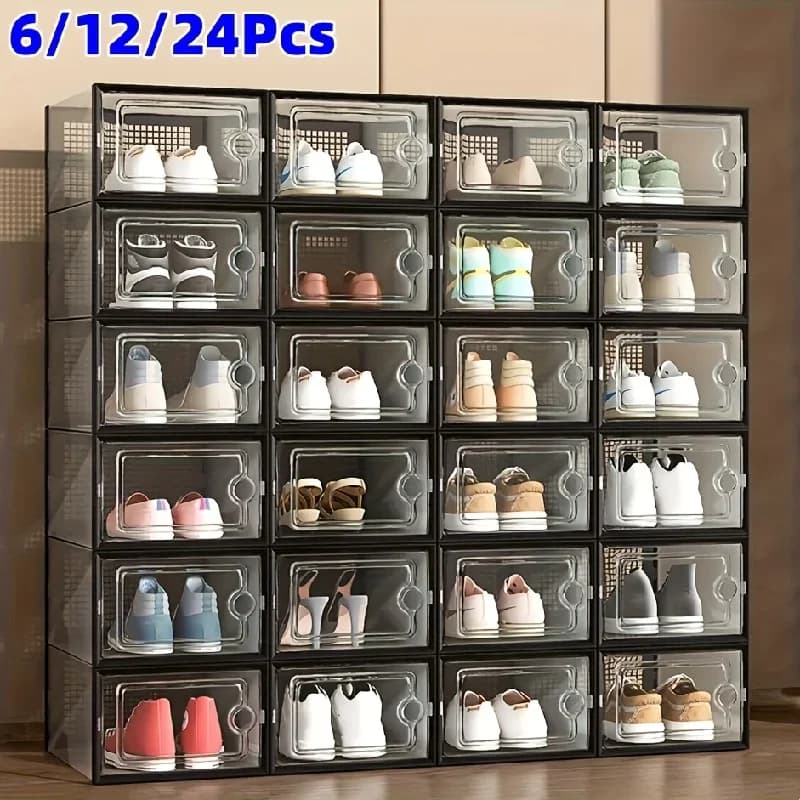 6/12/24pcs Transparent Shoe Boxes Stackable Shoe Cases Storage Plastic Shoes Box Dustproof Sneaker Boxes Shoes Furniture Organiz