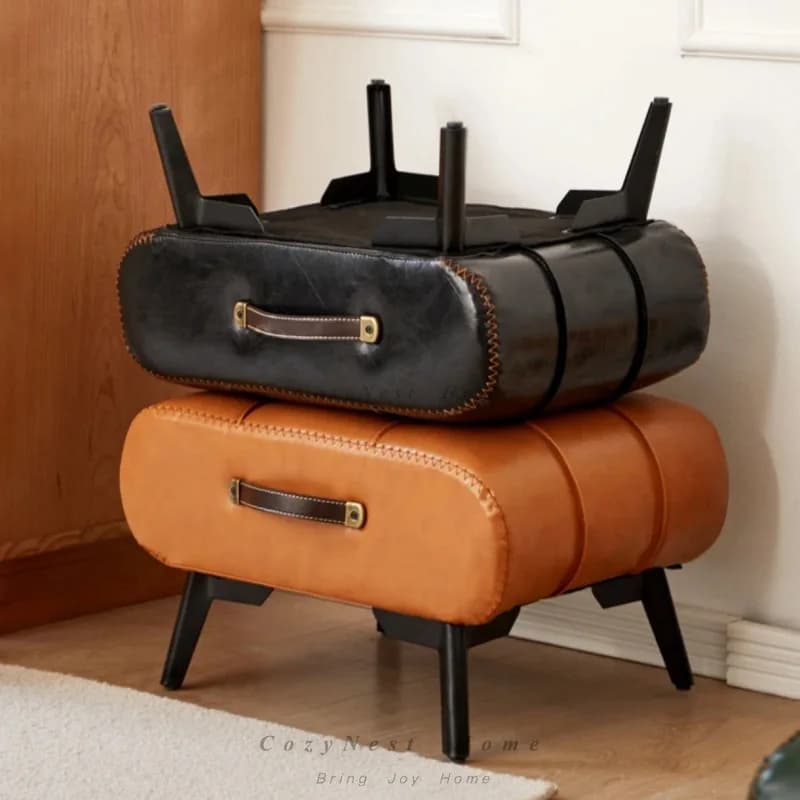 Small stool oil wax leather home door soft bag stool entry shoe stool light luxury simple living room foot pedal shoe