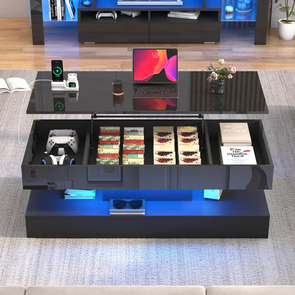 Z High Glossy LED Coffee Table For Living Room Center Table With Open Display Shelf & Large Storage Space White Coffee Table Hom