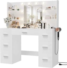 LK-Modern Bedroom Wood Makeup Vanity with LED Light Power Socket and 7 Drawers Elegant Dressing Table with Mirror#