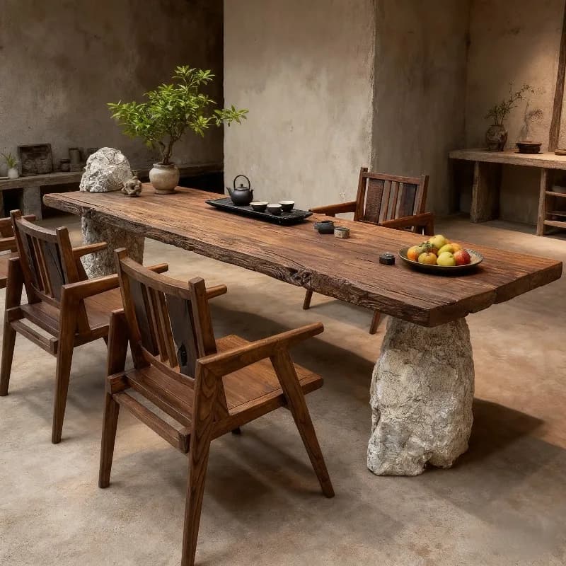 Wabi Silent Wind Old Wood Tea Table Wood and Stone with Large Board Tea Table Homestay Atmospheric Tea Table