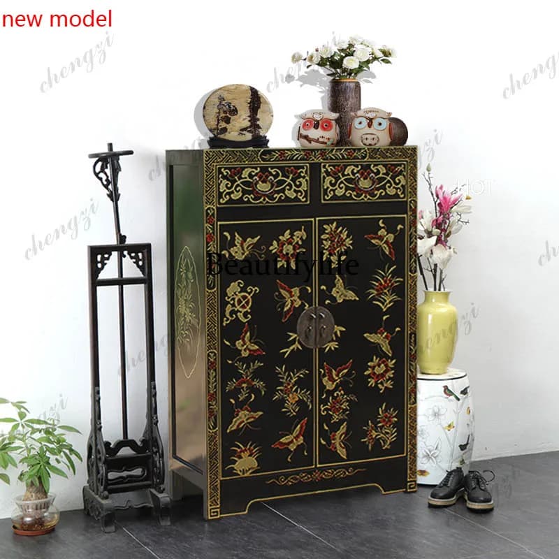 N138Solid wood light luxury shoe cabinet small apartment household door simple modern living room retro entrance cabinet